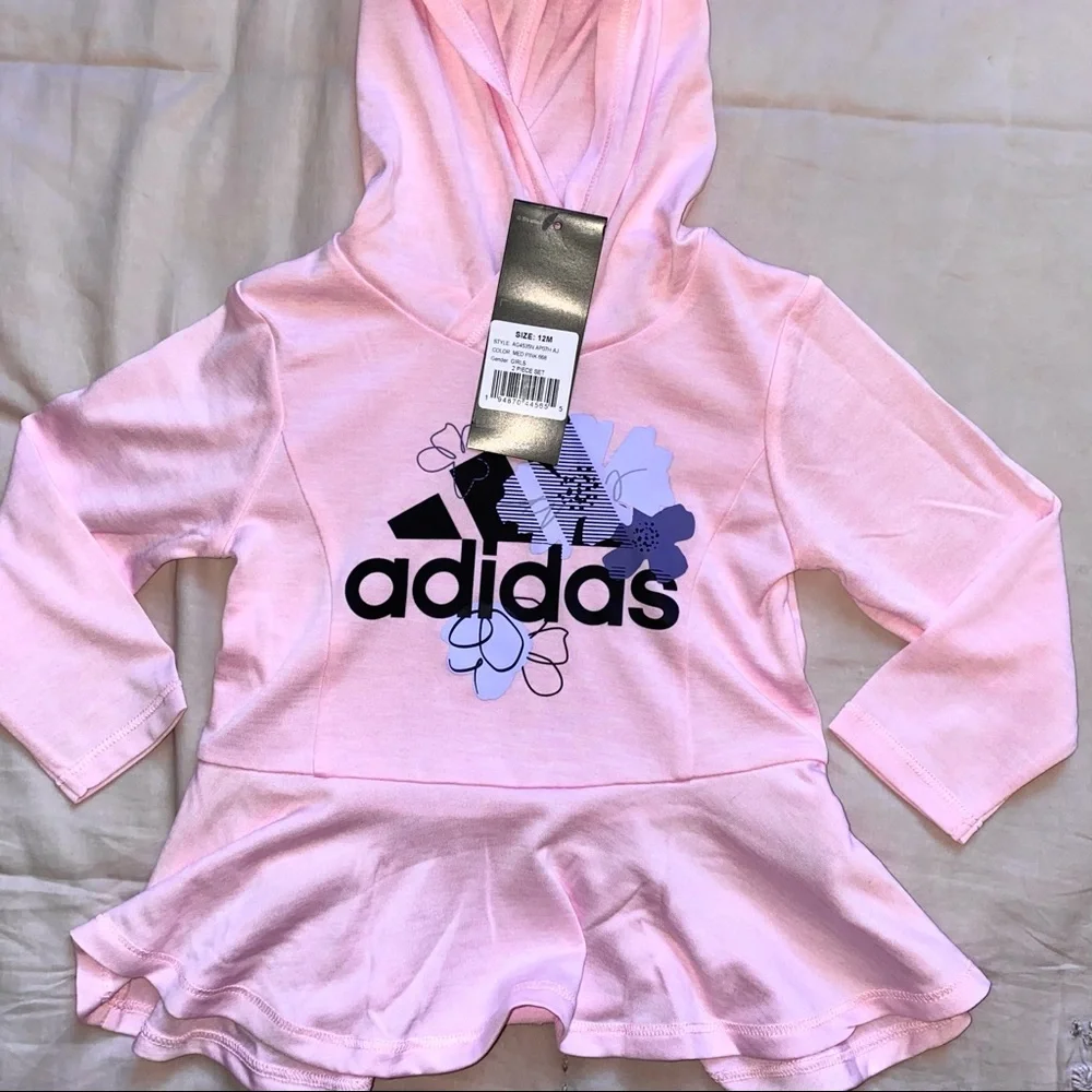 Adidas pink peplum long sleeve hooded top- Girls kids 12 Months size 12M - Picture 1 of 4